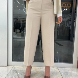 شلوارپارچه ای واید کرپ لاکچری  قد 90 رنگ کرم 