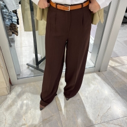 شلوار پارچه ای لینن کنفی بر پایه لینن مدل وایدپیله دار  قهوه ای سوخته