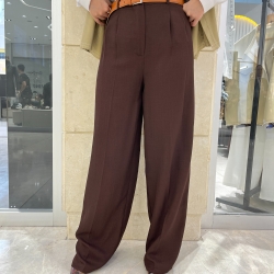 شلوار پارچه ای لینن کنفی بر پایه لینن مدل وایدپیله دار  قهوه ای سوخته