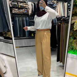 شلوار پارچه ای کرپ لاچری مدل واید پیله دار قد 110 رنگ نسکافه ای