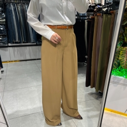 شلوار پارچه ای کرپ لاچری مدل واید پیله دار قد 110 رنگ نسکافه ای