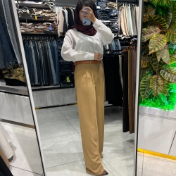 شلوار پارچه ای کرپ لاچری مدل واید پیله دار قد 110 رنگ نسکافه ای