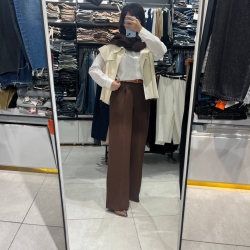 شوار واید پیله دار کرپ لاکچری قهوه ای سوخته قد 108